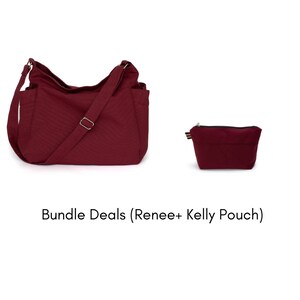 May include: A burgundy shoulder bag with an adjustable strap and a matching burgundy pouch with a zipper closure. The bag has multiple pockets and a silver buckle. The text "Bundle Deals (Renee+ Kelly Pouch)" is below the bags.