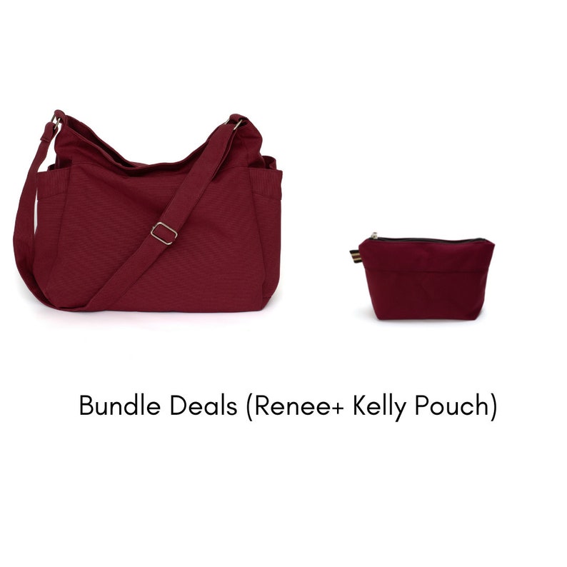 May include: A burgundy shoulder bag with an adjustable strap and a matching burgundy pouch with a zipper closure. The bag has multiple pockets and a silver buckle. The text "Bundle Deals (Renee+ Kelly Pouch)" is below the bags.