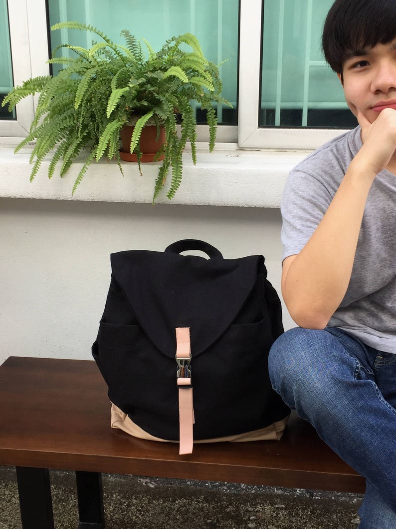 BLACK Canvas Laptop Backpack, Zipper Diaper Bag Backpack, Unisex School backpack, Leather Backpack Women Travel backpack no.108 MARKEN image 5