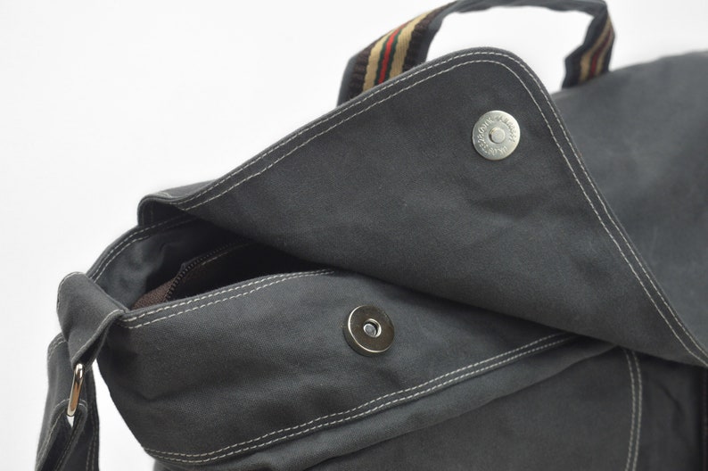 Waxed Canvas Messengers bag, Back to school Collage Laptop messenger bag, Casual Unisex Overnight Travel bags Gray no.104 MACKENZIE image 7