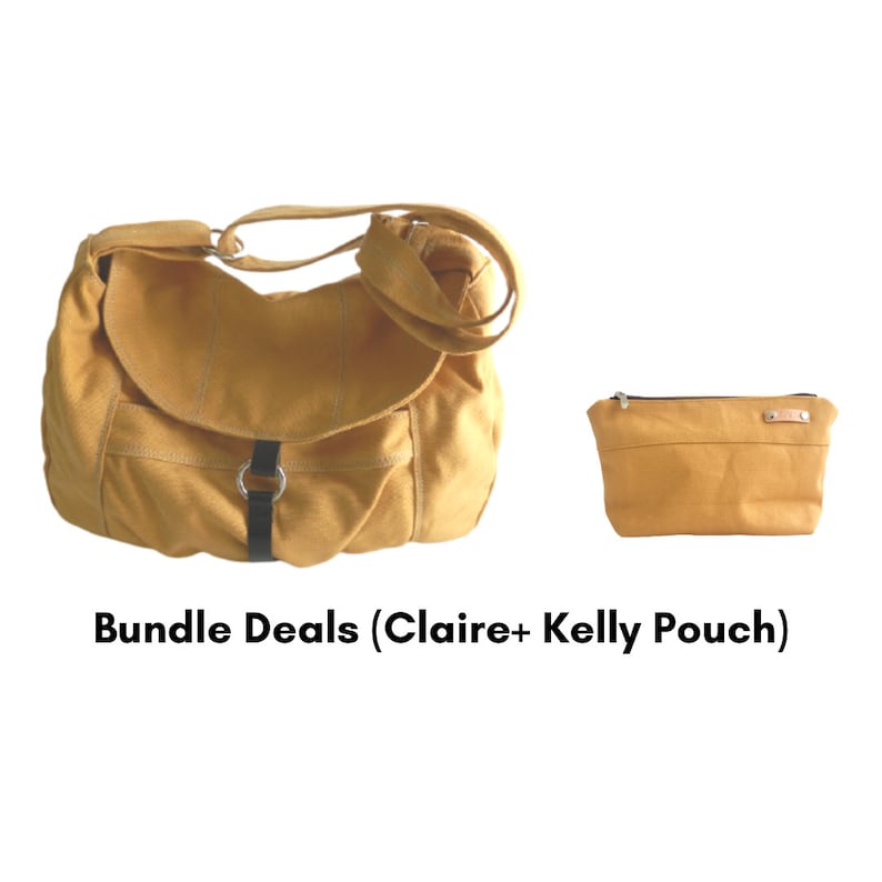 May include: Mustard-colored canvas shoulder bag with a matching pouch. The bag has a curved flap, a black strap detail, and a long shoulder strap. The pouch has a zipper closure and a small leather tag. Text reads: Bundle Deals (Claire+ Kelly Pouch).