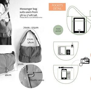 May include: Gray messenger bag with a flap closure, adjustable strap, and multiple pockets. The bag is 46 cm wide, 32 cm high, and 8.5 cm deep. The strap adjusts from 70 cm to 125 cm. The bag suits users from 5ft to 5'10ft tall.