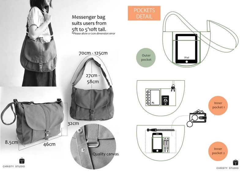 May include: Gray messenger bag with a flap closure, adjustable strap, and multiple pockets. The bag is 46 cm wide, 32 cm high, and 8.5 cm deep. The strap adjusts from 70 cm to 125 cm. The bag suits users from 5ft to 5'10ft tall.