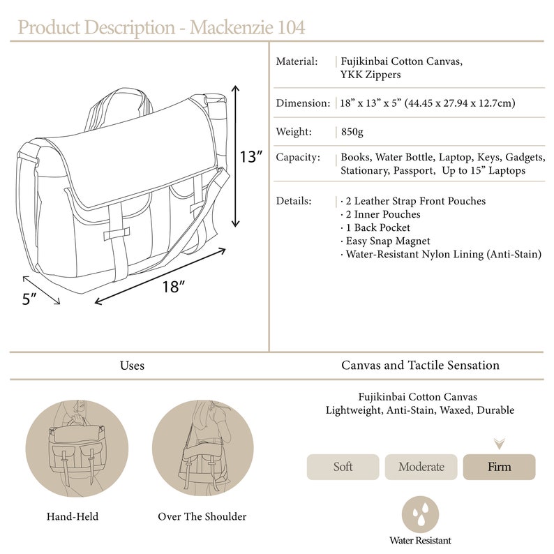 Waxed Canvas Messengers bag, Back to school Collage Laptop messenger bag, Casual Unisex Overnight Travel bags Gray no.104 MACKENZIE image 8