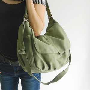 Smoke Green Messenger 15 Laptop Bag, Canvas Diaper Bag, Women Travel Crossbody Bag, Large and Roomy bag Gift For Her no.18 / DANIEL bag only