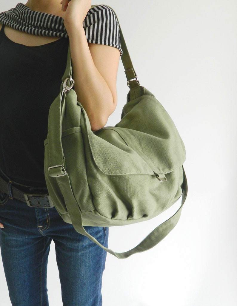 Smoke Green Messenger 15 Laptop Bag, Canvas Diaper Bag, Women Travel Crossbody Bag, Large and Roomy bag Gift For Her no.18 / DANIEL bag only