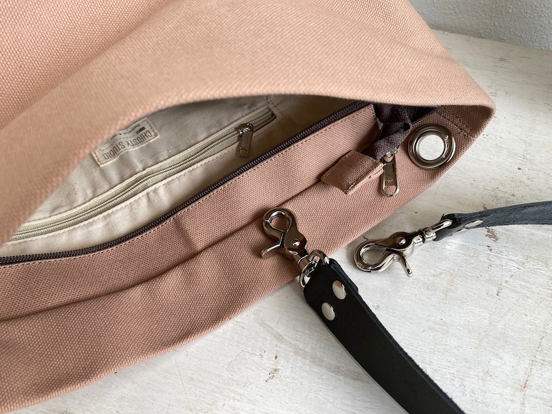 Women hobo shoulder bag, leather strap tote bag, Personalized Gift for her women Tote bag, Canvas bag with pocket and zipper Rose Gold image 5