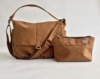 water resistant Zipper travel messenger bag,  Women Canvas diaper bag messenger bag,  personalize gift set - no.18 DANIEL Honey brown