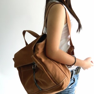 Travel Diaper bag Backpack , carry on backpack , Zipper Leather Strap Backpack , School laptop Satchel Backpack COGNAC BROWN/no.102 TANYA image 4
