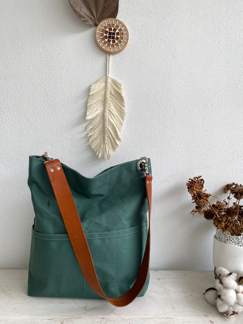 Water resistant Women casual Tote bag, Hobo shoulder bag, Messenger Canvas tote bag with leather strap, Canvas bucket bag Amsterdam green image 2