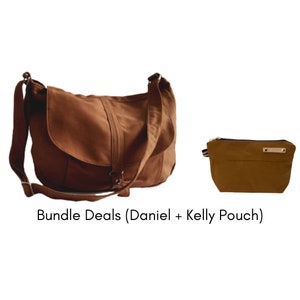 May include: A brown canvas messenger bag with a flap closure and adjustable strap, paired with a matching small pouch. The set is a bundle deal. The text "Bundle Deals (Daniel + Kelly Pouch)" is displayed below the bags.