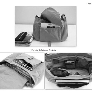 May include: Gray canvas shoulder bag with multiple pockets, including exterior and interior compartments. The bag is open, revealing contents like magazines and a phone. The text "NO. 12 KYLIE" is visible.