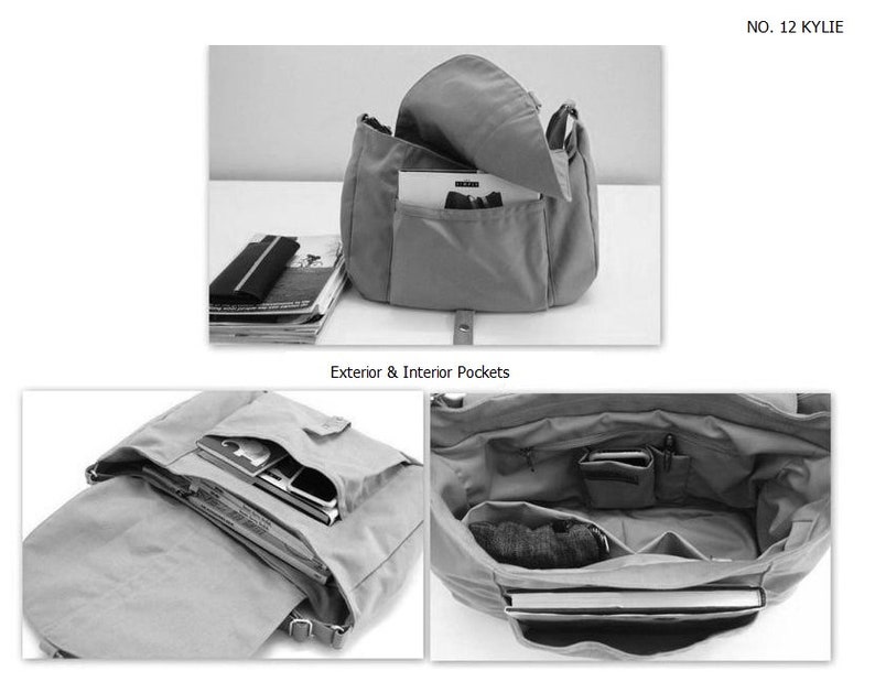 May include: Gray canvas shoulder bag with multiple pockets, including exterior and interior compartments. The bag is open, revealing contents like magazines and a phone. The text "NO. 12 KYLIE" is visible.