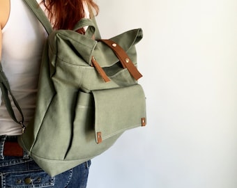 Olive Canvas Back to school laptop backpack , leather strap diaper Backpack Purse, Travel leather backpack for women - no.105 ALLISON