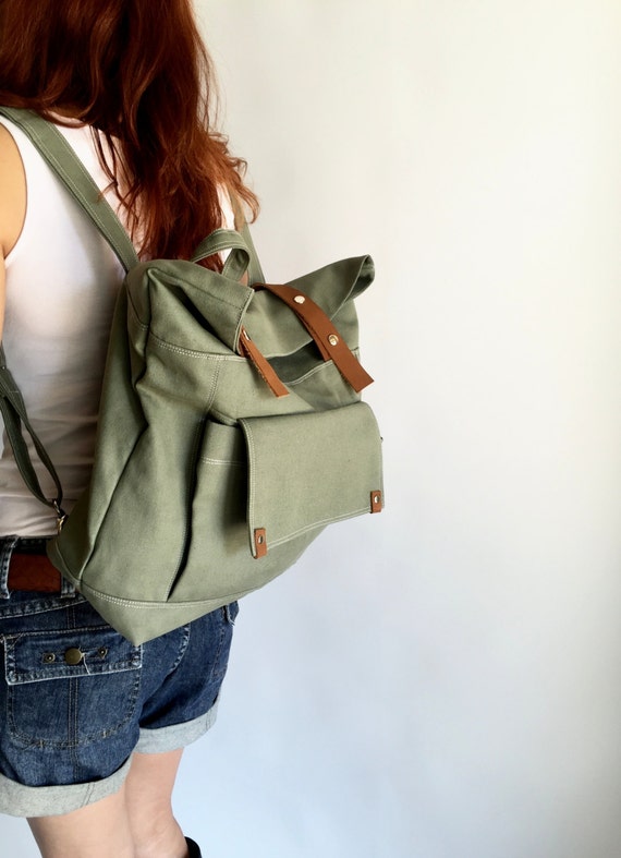 Olive Canvas Back to school laptop backpack , leather strap diaper Backpack  Purse, Travel leather backpack for women - no.105 ALLISON