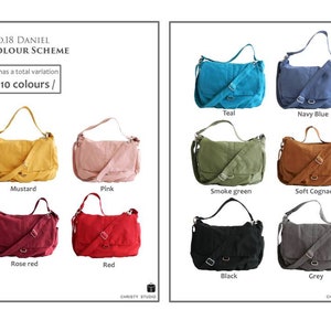 May include: A product display showcasing ten different colored messenger bags. The bags are in various colors, including teal, navy blue, mustard, pink, smoke green, soft cognac, rose red, red, black, and grey. The text reads "No.18 DANIEL COLOUR SCHEME".