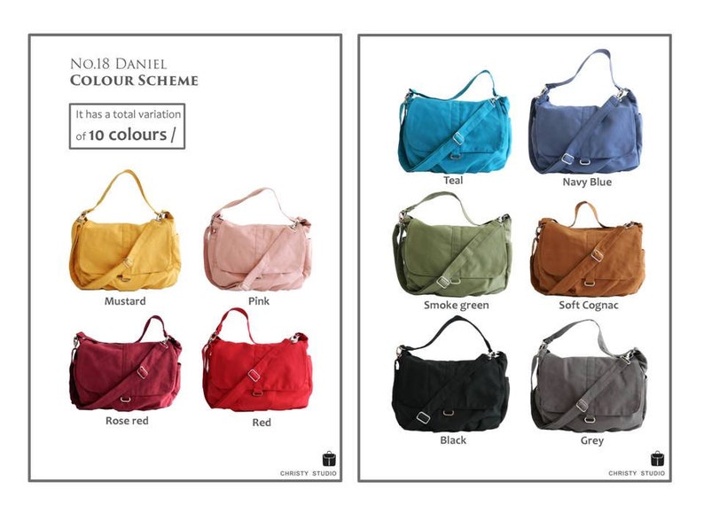 May include: A product display showcasing ten different colored messenger bags. The bags are in various colors, including teal, navy blue, mustard, pink, smoke green, soft cognac, rose red, red, black, and grey. The text reads "No.18 DANIEL COLOUR SCHEME".