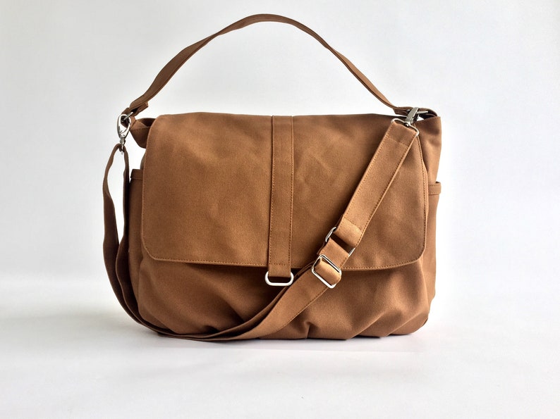 water resistant Zipper travel messenger bag, Women Canvas diaper bag messenger bag, personalize gift set no.18 DANIEL Honey brown image 3