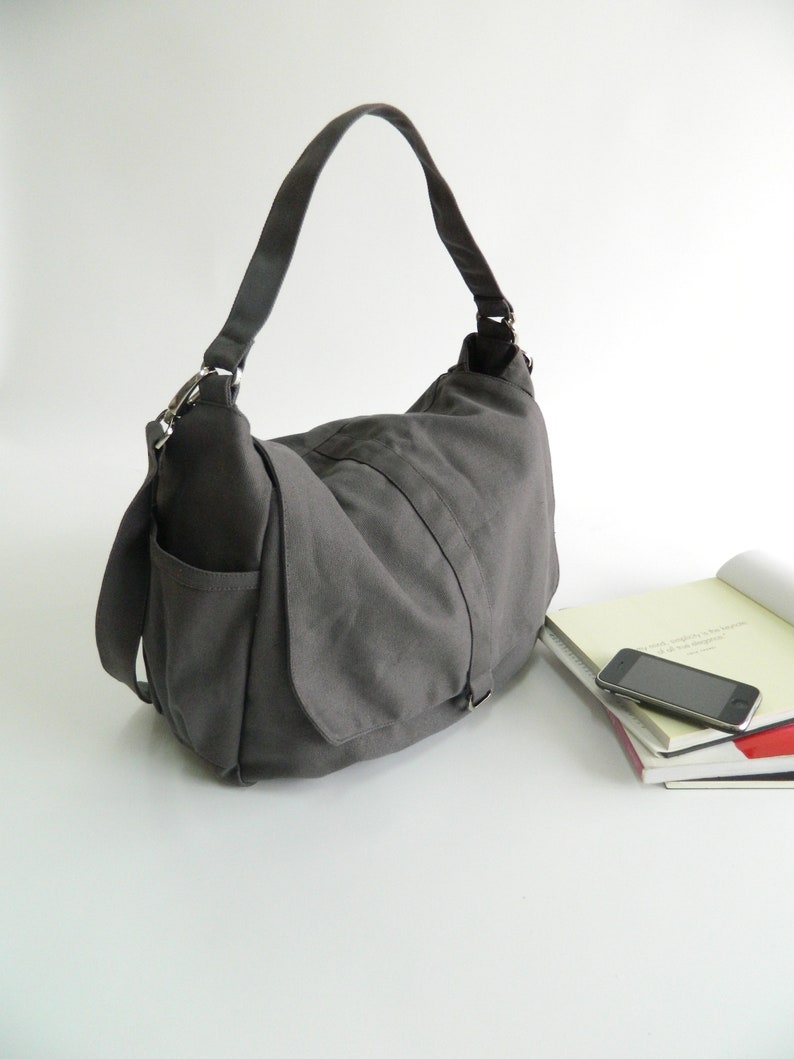 Women Gray messenger bag , Canvas school laptop bag with zipper, Water resistantTravel Crossbody shoulder bag no.18/DANIEL image 3