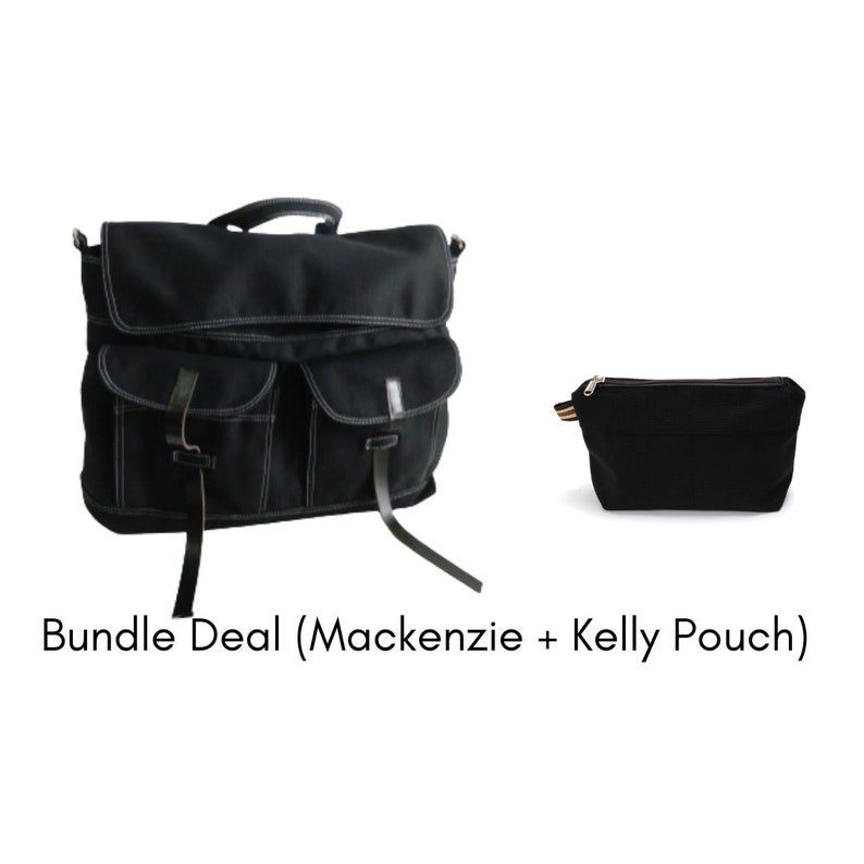May include: A black canvas messenger bag with two front pockets and leather straps, paired with a small black zippered pouch. The bag has white stitching and a top handle. The text "Bundle Deal (Mackenzie + Kelly Pouch)" is at the bottom.