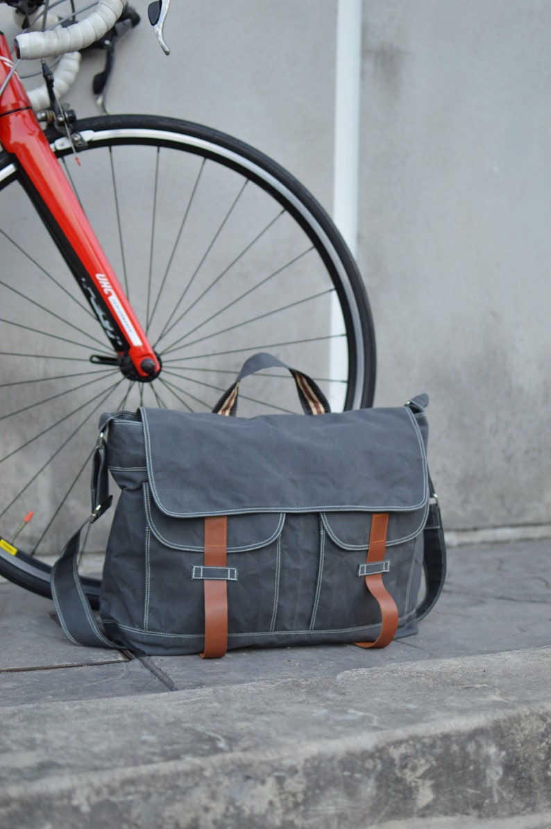 Waxed Canvas Messengers bag, Back to school Collage Laptop messenger bag, Casual Unisex Overnight Travel bags Gray no.104 MACKENZIE image 1