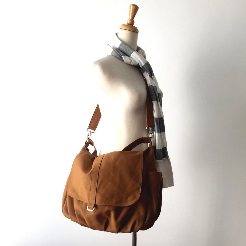 Cotton Canvas Diaper Bag in Cognac Brown, Zipper Travel Messenger bag , Everyday Work bag , Personalized gift shoulder bag /no.18 DANIEL image 5