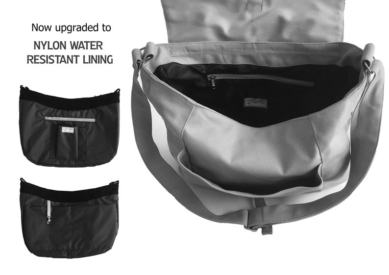May include: Gray messenger bag with a black nylon water-resistant lining. The bag has a flap closure, a shoulder strap, and multiple pockets, including a zippered interior pocket. The text "Now upgraded to NYLON WATER RESISTANT LINING" is visible.