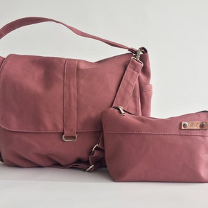 Women canvas crossbody bag, Water resistant diaper bag , handbag gift for her, vegan messenger laptop bag - no.18 DANIEL Rust pink in bundle