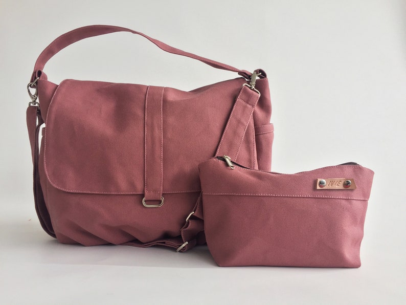 Women canvas crossbody bag, Water resistant diaper bag , handbag gift for her, vegan messenger laptop bag no.18 DANIEL Rust pink in bundle image 1