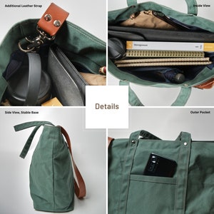 Travel Crossbody Zipper Canvas Tote Bag, Laptop Shoulder Bag, Waxed Canvas Water Resistant Messengers Bag 203 Tokyo Tote Amsterdam Green image 7