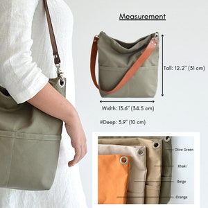 Water resistant Women casual Tote bag, Hobo shoulder bag, Messenger Canvas tote bag with leather strap, Canvas bucket bag Amsterdam green image 8