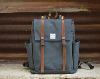 Unisex Travel Rucksack Charcoal Blue Water Resistant Canvas Backpack with Leather Straps - Backpacks Carter | 308