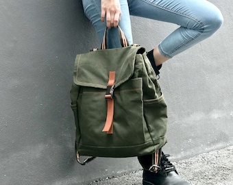 Zaino da viaggio unisex in tela verde militare, zaino per pannolini resistente all'acqua, zaino per laptop per il ritorno - no.108 MARKEN