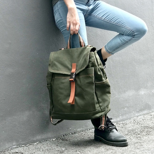 Army Green Canvas Travel Backpack, Water Resistant Unisex  display picture 2