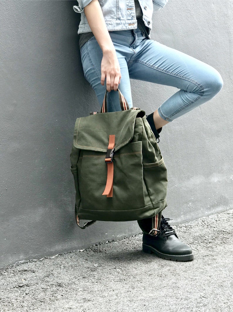 Army Green CANVAS Unisex Travel Backpack, Water Resistant Diaper Bag Backpack, Back To School Laptop Rucksack - no.108 MARKEN 