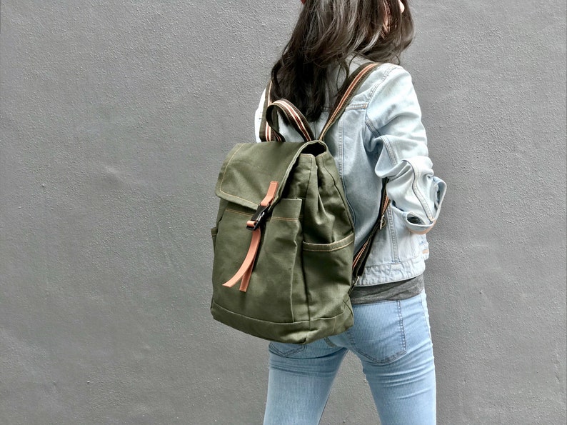 Army Green CANVAS Unisex Travel Backpack, Water Resistant Diaper Bag Backpack, Back To School Laptop Rucksack no.108 MARKEN image 2