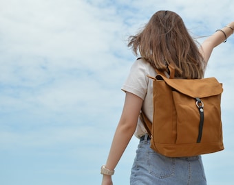 Wasserabweisender Alltags-Leinenrucksack für Frauen, Schulrucksack mit Reißverschluss, 13-Zoll-Laptop, Honigbraun - Nr. 102 TANYA