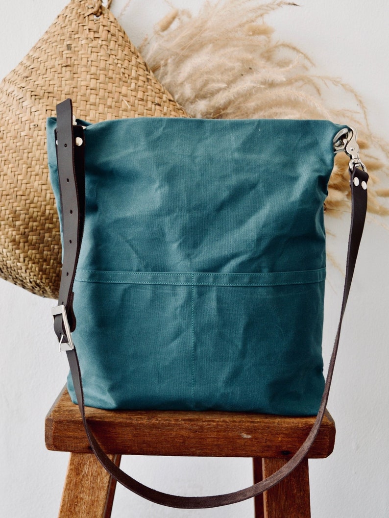 Messenger Hobo Tote Bag, Canvas Bucket Bag with Pocket Leather strap Messenger tote , Waxed Canvas Leather strap Canvas Tote, Gift for Her Teal (Black)