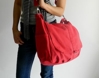 Red Women Canvas Messenger Laptop Bag Vegan Boho Zipper Crossbody bag, Travel Diaper Bag, School Messenger bag, Gift for Her/no.18 DANIEL
