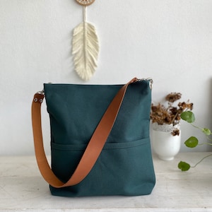 Women casual Tote bag , Hobo shoulder bag, Canvas tote bag with leather strap, Canvas bucket bag with pocket and zipper Christmas green image 2