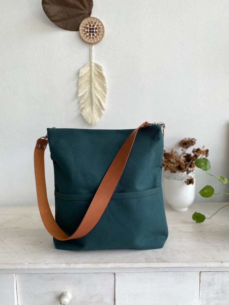 Women casual Tote bag , Hobo shoulder bag, Canvas tote bag with leather strap, Canvas bucket bag with pocket and zipper Christmas green image 2