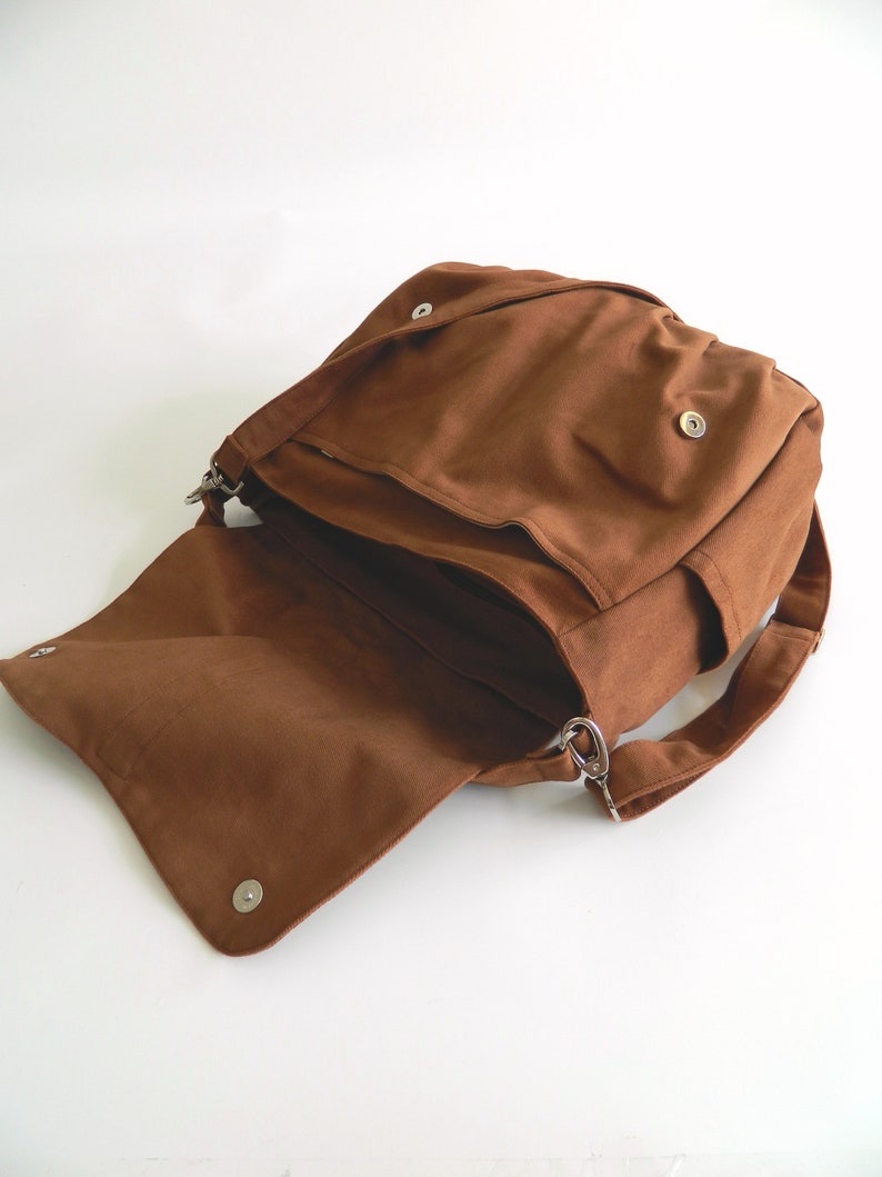 Cotton Canvas Diaper Bag in Cognac Brown, Zipper Travel Messenger bag , Everyday Work bag , Personalized gift shoulder bag /no.18 DANIEL image 4