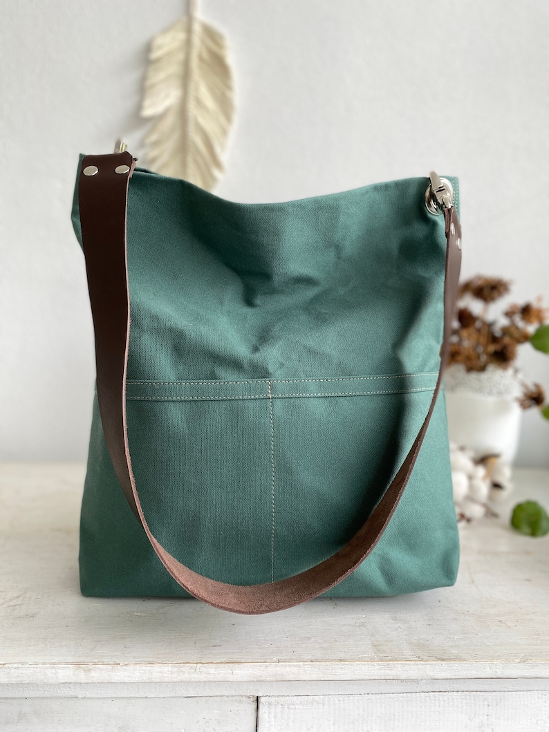 Water resistant Women casual Tote bag, Hobo shoulder bag, Messenger Canvas tote bag with leather strap, Canvas bucket bag Amsterdam green Bag only