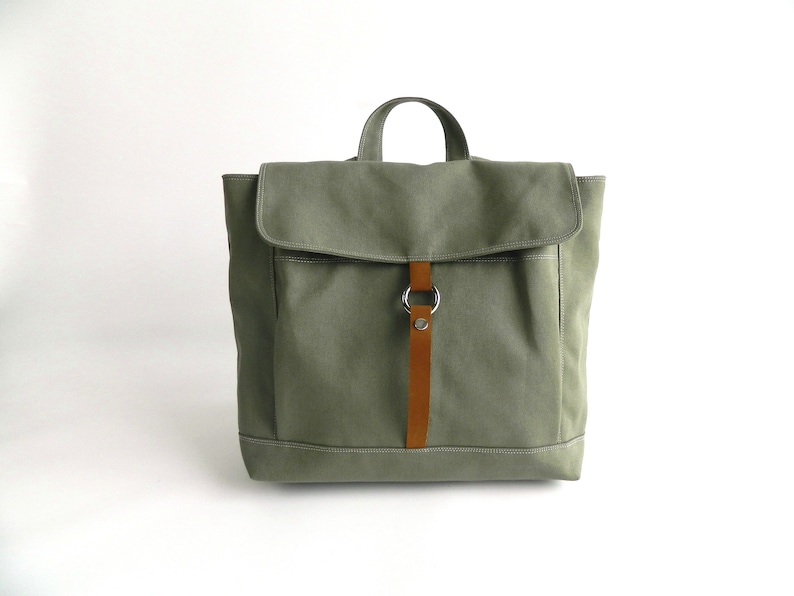 Laptop Canvas School Satchel Backpack, Minimalist Travel rucksack with zipper, Leather strap canvas diaper backpack/OLIVE GREEN-no.102 TANYA image 3