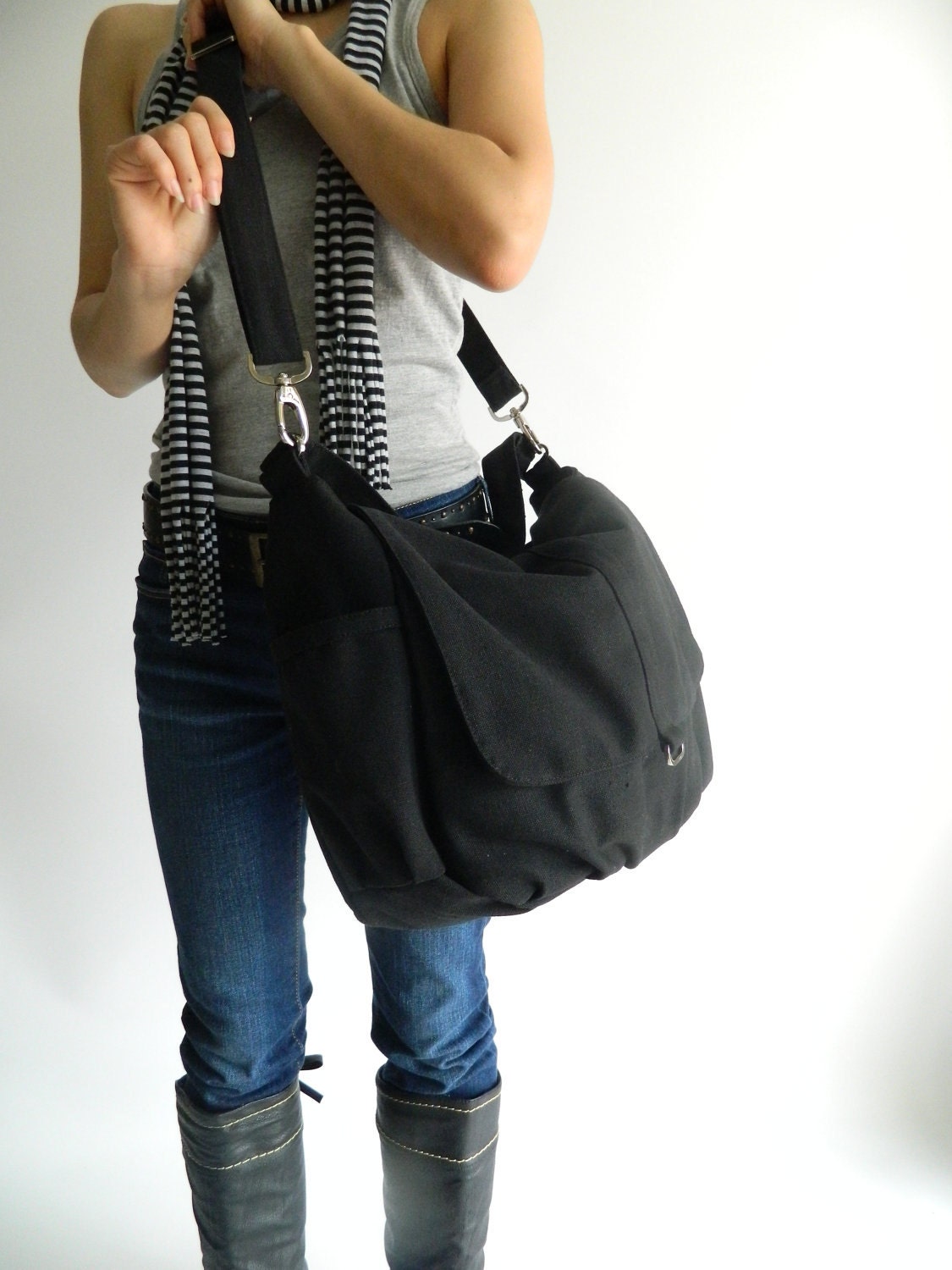 BLACK Canvas Messenger Bag Travel Women Crossbody Diaper Bag | Etsy
