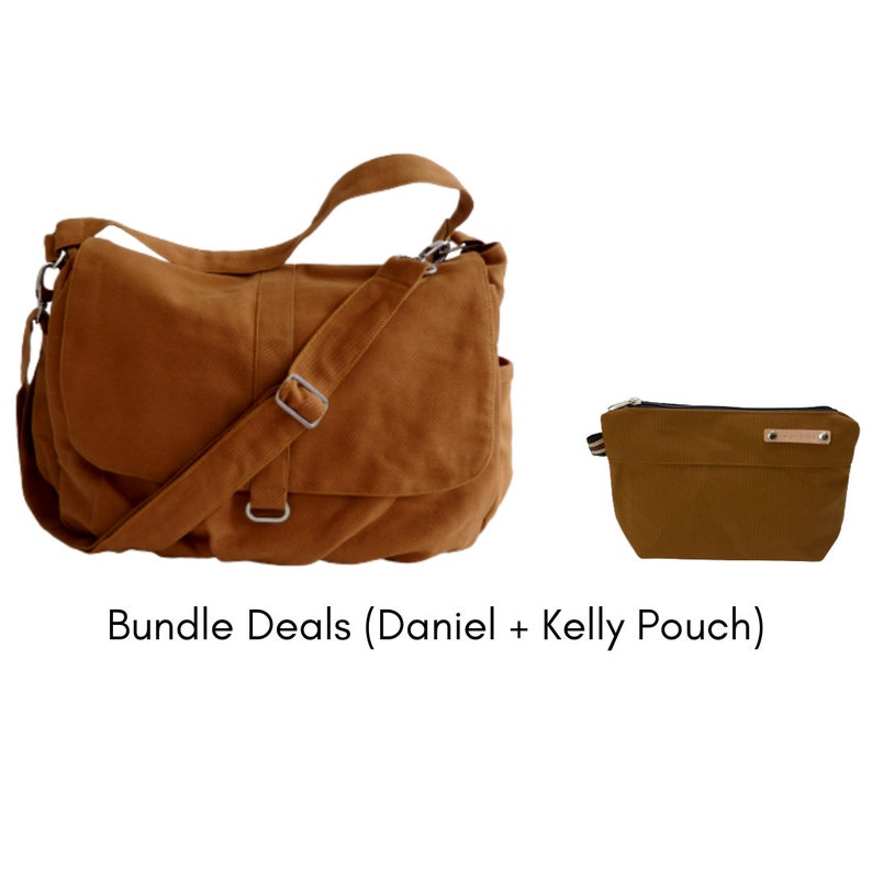 Cotton Canvas Diaper Bag in Cognac Brown, Zipper Travel Messenger bag , Everyday Work bag , Personalized gift shoulder bag /no.18 DANIEL image 10