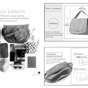 May include: A gray cross-body bag with the text "HUGE CAPACITY" and "No.18 Daniel". The bag is 49.5cm long, 31cm high, and 12cm wide. It has multiple compartments and weighs 0.80 kg. The image also shows the bag's interior pocket details.