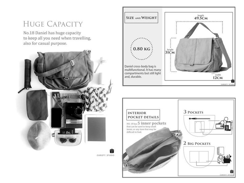 May include: A gray cross-body bag with the text "HUGE CAPACITY" and "No.18 Daniel". The bag is 49.5cm long, 31cm high, and 12cm wide. It has multiple compartments and weighs 0.80 kg. The image also shows the bag's interior pocket details.