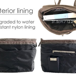 May include: A brown and black tote bag with a water-resistant nylon lining. The bag's interior is visible, showing a 12.2-inch wide opening. The bag has multiple pockets and a zipper closure. The text "Interior lining" is visible.