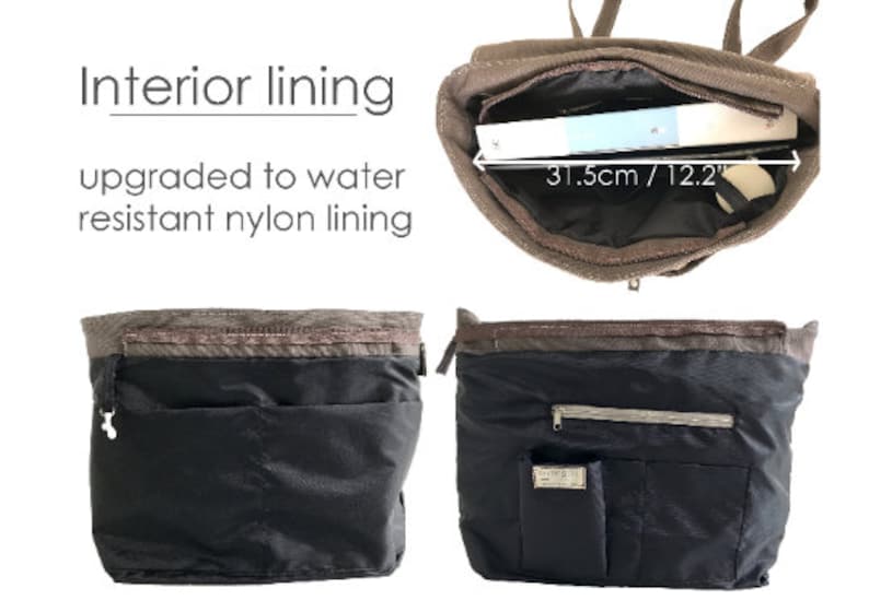 May include: A brown and black tote bag with a water-resistant nylon lining. The bag's interior is visible, showing a 12.2-inch wide opening. The bag has multiple pockets and a zipper closure. The text "Interior lining" is visible.